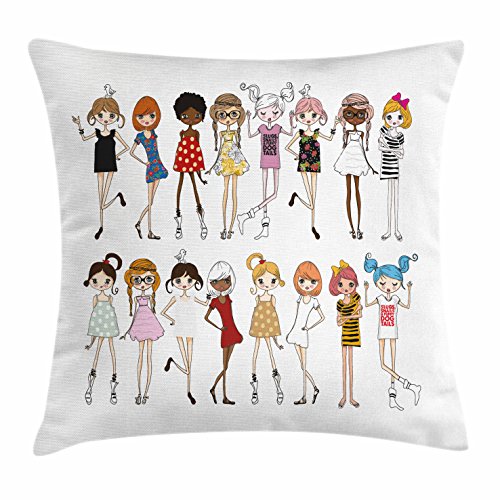 Lunarable Cartoon Throw Pillow Cushion Cover, Group with Different Girls in Fashion Clothes Sketch Drawing Style Feminine Youth, Decorative Square Accent Pillow Case, 40