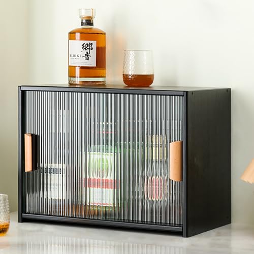 Aparador pequeño de bambú para despensa de cocina, armario de almacenamiento independiente con puertas correderas acrílicas para botellas de especias, cuencos y platos, 45 x 28 x 34 cm, color negro