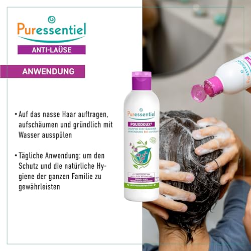 Puressentiel - Anti-Läuse - Poudoux Shampoo zur täglichen Anwendung BIO-Zertifiert - Entfernt Läuse, Larven und Nissen - Wirkstoff 100% natürlichen Ursprungs - 200 ml