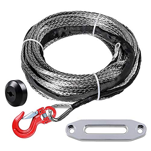 (1pc) Gray 50ft x 3/16 inch 5400lbs Synthetic Winch Line Cable Rope w/Red Forged Steel Half-Linked Winch Hook + Hawse Fairlead + Winch Stopper for Jeep ATV UTV Pickup Truck Vehicle