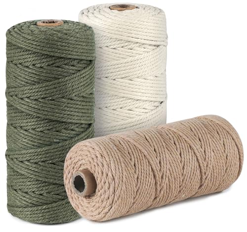 Macrame Cord 3mm x 100m, Thick Macrame Rope Natural Cotton Rope Craft String, 4 Strand Twisted Cotton Cord Yarn for DIY Plant Hanger, Wall Hanging, Christmas Decoration (Green, Beige, Brown)