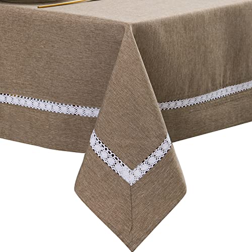 Ehousehome Heavy Duty Fabric Tablecloth With White Lace-Waterproof/Wrinkle Free/Stain Resistant/Oil Proof-For Dining,Indoor&Outdoor,Wedding,Holiday,Flax,Square 70X70Inch #TOP9