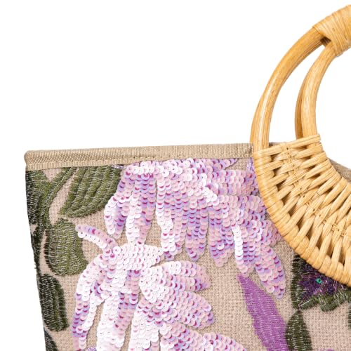 Image of Rattan Wood Handle Sequin Embroidered Floral Beach Bag Tote for Vacation and Wedding Party