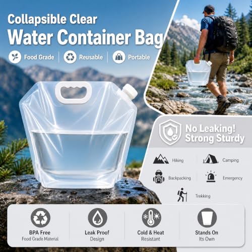 Paquete de 12 bolsas de agua plegables de 1.3 gal con tapa, claro, con asa para camping, senderismo y emergencias al aire libre miniatura 3