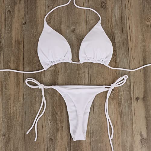 Alyweatry Women 2 Pieces Bikini Swimsuit Spaghetti Strap Top Tie Side Triangle G-Thong Bathing Suit Swimwear (A-White, M) #TOP4