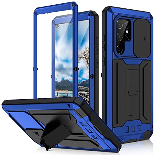 Samsung Galaxy S22 Plus 5G 2022 Rugged case with Screen Protector Stand Camera Slide Cover for Samsung S22 Plus Metal Military Sturdy Armour Shockproof Cover for Man Outdoor (Sliver)