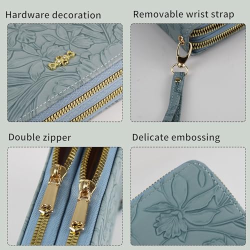 Wallet Women, Large Capacity Double Zip Clutch Wallets for Women PU Leather Credit Card Holder with Wrist Strap3