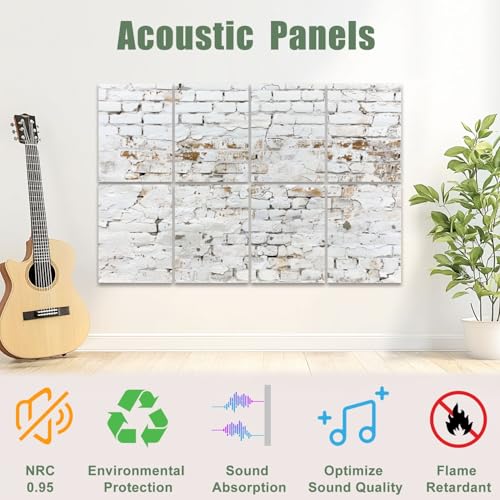 8 Pack Paneles Acústicos Artísticos Absorbentes de Sonido Blanca Gris Ladrillo Líneas Mortero Formas Rectangulares Paneles de Pared Decorativos Auto Adhesivos para Estudio de Grabación Oficina 48"x32" miniatura 3