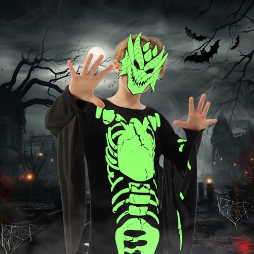 FORMIZON Disfraz Esqueleto Niño, Disfraz Halloween Niño Esqueleto, Traje Esqueleto Niño Espeluznante con Máscaras que Brillan en la Oscuridad para Halloween Carnaval Cosplay (XL(9-11 años))