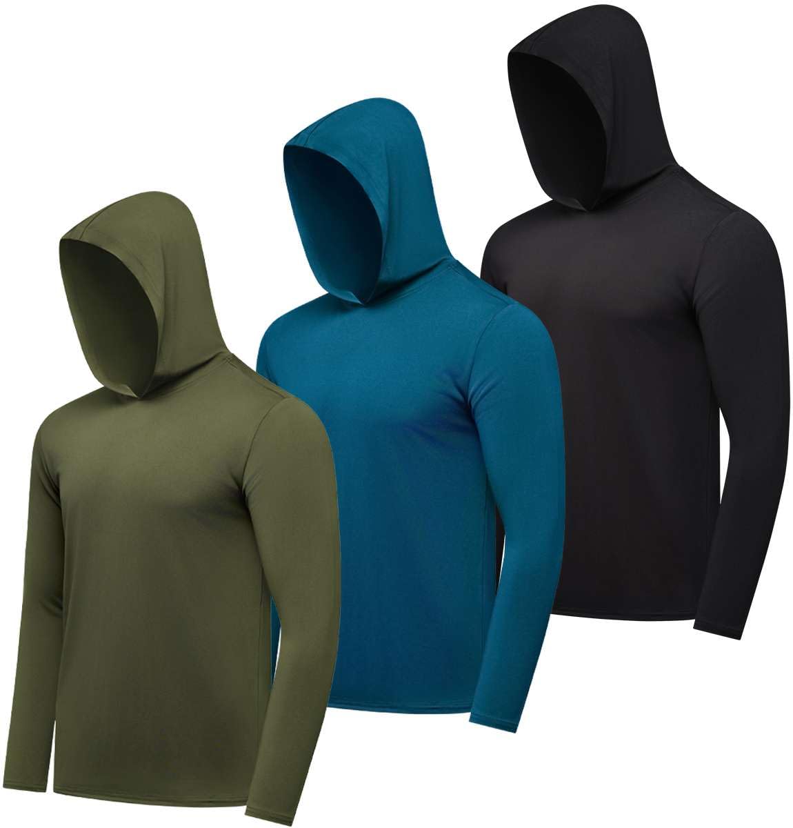 Real Essentials 3 Pack: Men's Dry Fit Wicking Long Sleeve Fishing Active Hoodie Pullover Sweatshirt (Big & Tall)