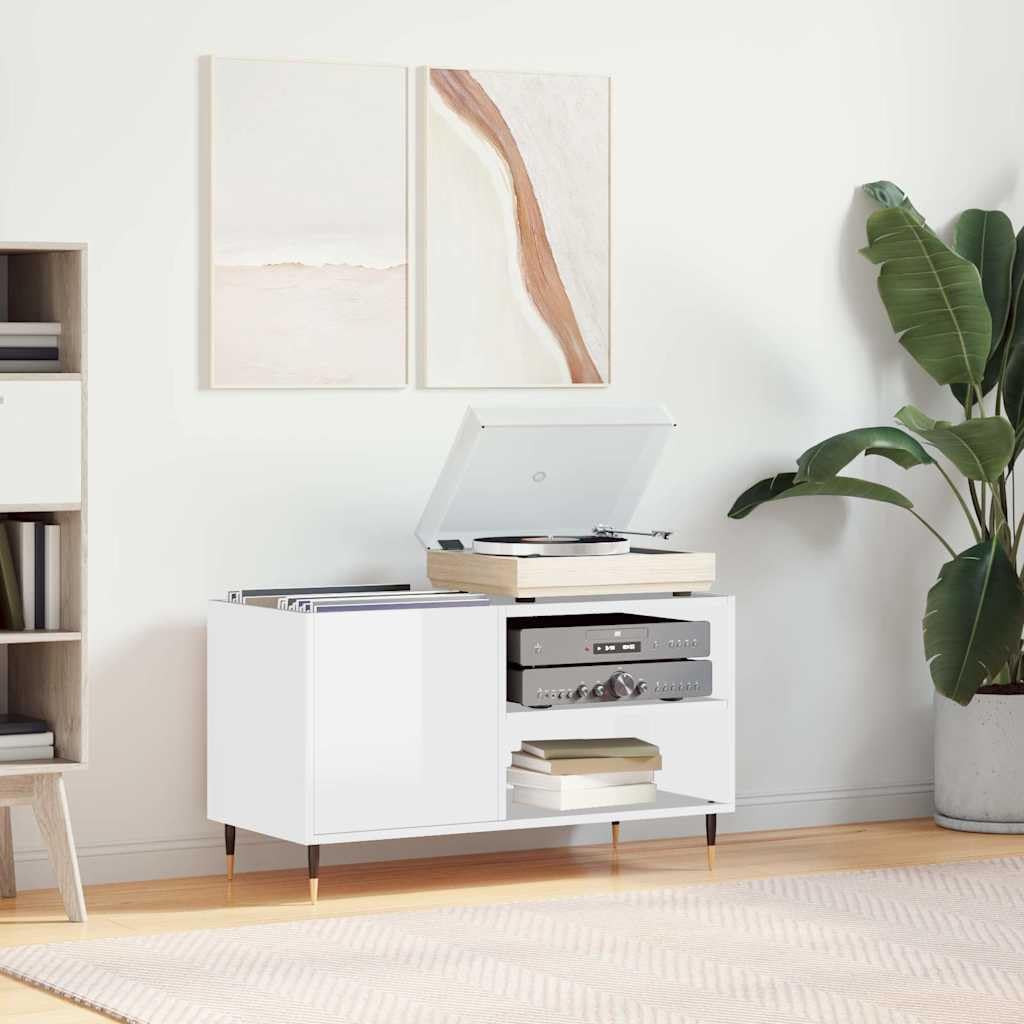 Armadio per dischi in vinile bianco lucido, 85 x 38 x 48 cm, in legno e ferro, scaffale in vinile per dischi e giradischi, armadio per fono