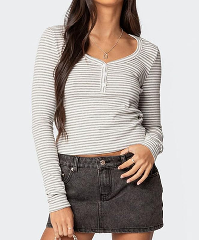 Women Striped Long Sleeve Shirt V Neck Button Up Casual Basic Y2K Slim Fitted Crop Tops - Image 4