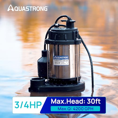 Image of AQUASTRONG 3 /4 HP Sump Pump, 4200 GPH Stainless Steel and Thermoplastic Submersible Water Pump, Automatic Float Switch with Piggy-back Plug,1-1 /2 inch NPT Discharge Subpumps for Basement and Flooding Area