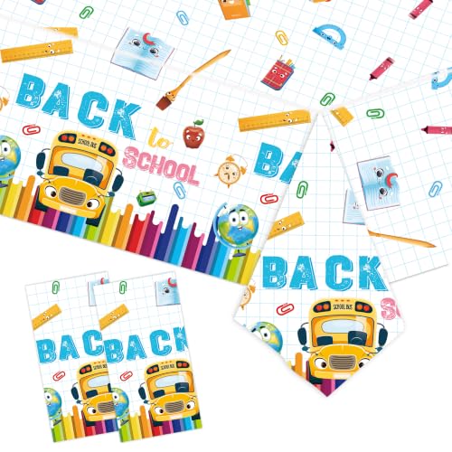 PUEVENYI 2Pcs Back to School Plastic Tablecloth - 54x108 Inch Colorful School Bus Disposable Table Cover Rectangular Waterproof Tablecloth for First Day of School Party Decoration