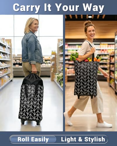 Image of Rolling Shopping Bag, Small Shopping Cart with Wheels,Collapsible Portable Waterproof Tote for Market & Grocery Runs-Gift for Women & Seniors(Black&Expandable Bag)