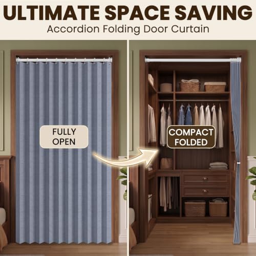 Image of AJAZZ Blackout Magnetic Door Curtain Accordion Doors Interior Closet Door Curtain Invisible Applicable Bedroom Room Living Room Doorway(Dark Blue 42 inch W x 78 inch L 1 Panel