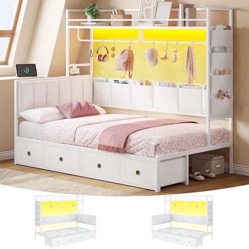 Hasuit Twin Corner Bed Frame with 4 Drawers, Bookcase Shelf, 10 Storage Pockets, Coat Rack, Twin Size Metal Platform Bed with Charging Station, LED Lights, L-Shaped Twin Day Bed for Kids, Te