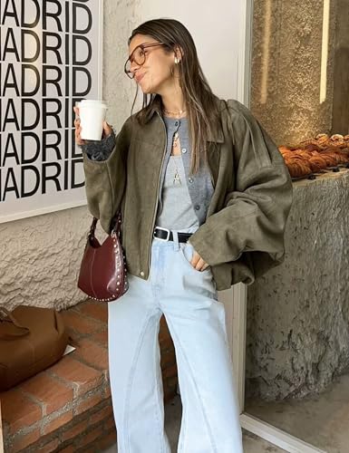 Women's Suede Bomber Jackets Casual Overasized Batwing Sleeve Pleated Elastic Hem Coats Streetwear(ArmyGreen-L)4