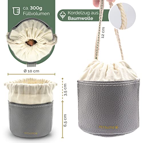PETTASTIC Leckerlibeutel für Hunde - Praktischer Futterbeutel aus Kunstleder mit Clip für Hundetraining - Hochwertige Futtertasche für Spaziergänge - Training Belohnung für Vierbeiner (Grau)