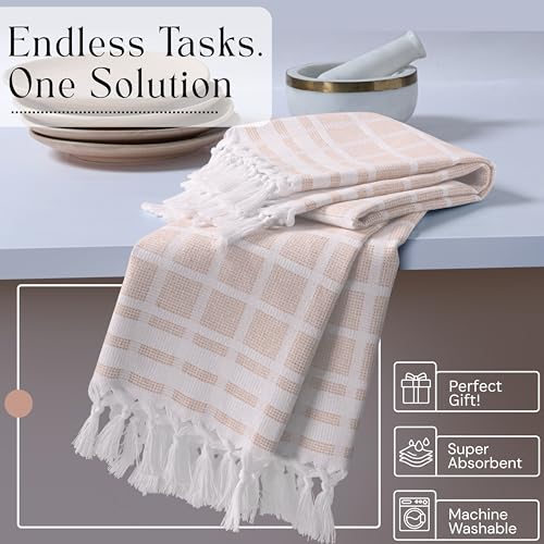 Image of Matrix Dobby Kitchen Towels 4 Pack 100% Cotton, 16 inchx26 inch, Handmade Knotted Tassel Dish Towels, Reusable & Washable Cloths for Drying, Absorbent Tea Towel for Cleaning - Beige, White
