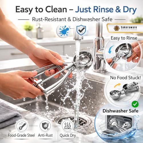 Image of Sakoraware Multipurpose Ice Cream Scoop, Spring Handle Premium Stainless Steel Scooper for Icecream, Muffins Melon Cookie Dough Cutter, Dessert Serving Kitchen Tools for Home
