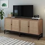 Rustic Buffet Sideboard with Natural Rattan Doors Set of 2 Chic Accent Storage Cabinet Console Table