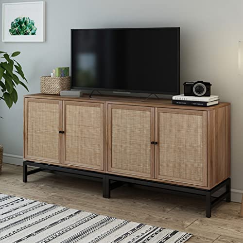 Rustic Buffet Sideboard With Natural Rattan Doors Set Of 2 Chic Accent Storage Cabinet Console Tables For Living Room Entryway Modern Wood Kitchen Sideboard With Black Metal Handles &Adjustable Shelf #TOP12