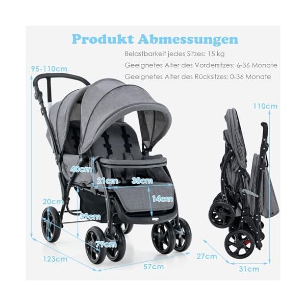 COSTWAY Geschwisterwagen klappbar, Zwillingswagen mit verstellbarer Rückenlehne & Verdeck, Reisebuggy mit Liegefunktion, Zwillingsbuggy Kinderwagen für Baby ab 6 Monate, 30 kg Belastbar (Grau)