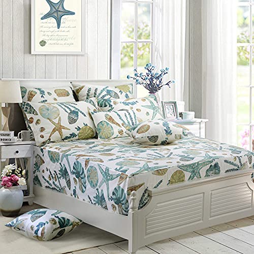 Fadfay Beach Comforter Set King Ocean Coastal Summer Quilt 100% Cotton Fabric Bed Sheet Set Bedding Lightweight Reversible All Season Down Alternative Duvet Insert 7Pcs, King #TOP1