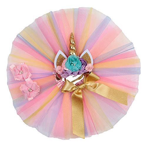 Toddler Baby Girls Layered Tutu Skirt Dress with Glitter Unicorn Horn Headband Outfit for Birthday Party