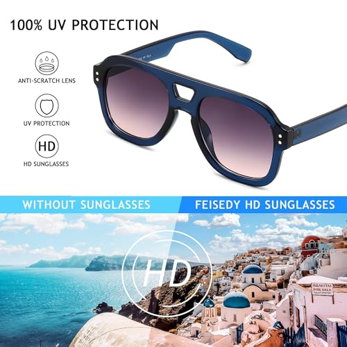 Image of FEISEDY Vintage Aviator Sunglasses Double Bridge Women Men Large Square Thick Frame Trendy Eyewear UV400 B2846