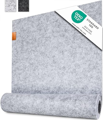 MIQIO® - Camino de Mesa de diseño - Fieltro y Cuero - 150 x 40 cm Lavable - con aplicación de Cuero auténtico - Adecuado para Juegos de Mesa