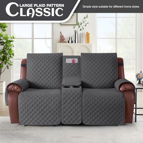 Image of KinCam 100% Waterproof Recliner Loveseat Cover with Console, Non-Slip Reclining Couch Covers for 2 Seat, Recliner Sofa Cover Furniture Protector with Elastic Straps for Kids, Pets, Charcoal Gray