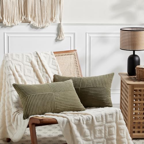 Image of Fancy Homi 2 Packs Olive Green Long Lumbar Decorative Throw Pillow Covers 12x24 Inch for Couch Bed Sofa, Rustic Farmhouse Boho Home Decor, Soft Striped Corduroy Rectangle Accent Cushion Case 30x60 cm