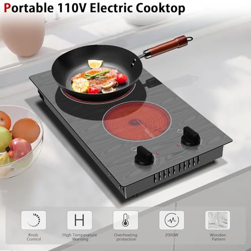 Image of Karinear Electric Cooktop 2 Burners, 110v Portable Electri Stove Top | Knob Control Glass Cooktop, Beautiful Woodgrain Pattern, Built-in Countertop Radiant Ceramic Cooktops, 12 Inch