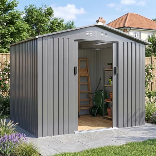 Image of DAUSOLA 8x6 FT Outdoor Storage Shed, Metal Garden Tool Shed with Updated Frame Structure and Lockable Doors, Ideal for Backyard Garden Patio Lawn, Grey