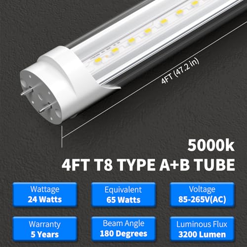 Image of 16-Pack Fluorescent Light Bulbs Replacement 4FT, T8 LED Bulbs 4 Foot Type A+B, 24W (65W Equivalent) 3200LM, 5000K Daylight, 48 Inch Tube, F32T8 or F40T12 LED Replacement, Non-Dimmable