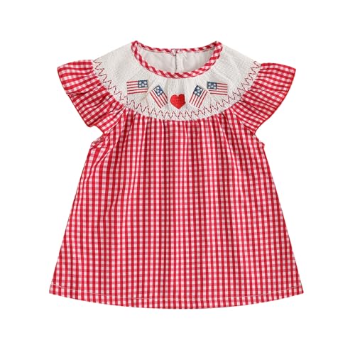 Baby Girl 4th of July Outfit Toddler US Flag Smocked Dress Short Sleeve Plaid Fourth of July Dress for Kids (Red, 9-12 Months)