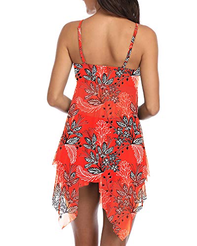 Temptme Womens Pink Mesh Flowy Tankini Floral Swimdress Two Piece Swimsuits Swim Dress with Boyshort