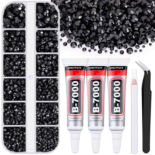 6000Pcs Resin Rhinestones for Bedazzling with 3Pcs B7000 Jewelry Glue 1 Box Black Flatback Rhinestones for Crafting Crafts DIY Crystals Gems for Clothing Shoes Tumblers Nail Art Makeup