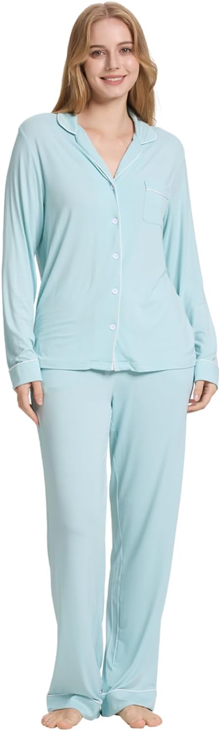 TOSMO Women Pajama Sets Viscose from Bamboo Long Sleeve Sleepwear Super-Soft Comfy Button Down Lounge Sleep Cooling Pjs