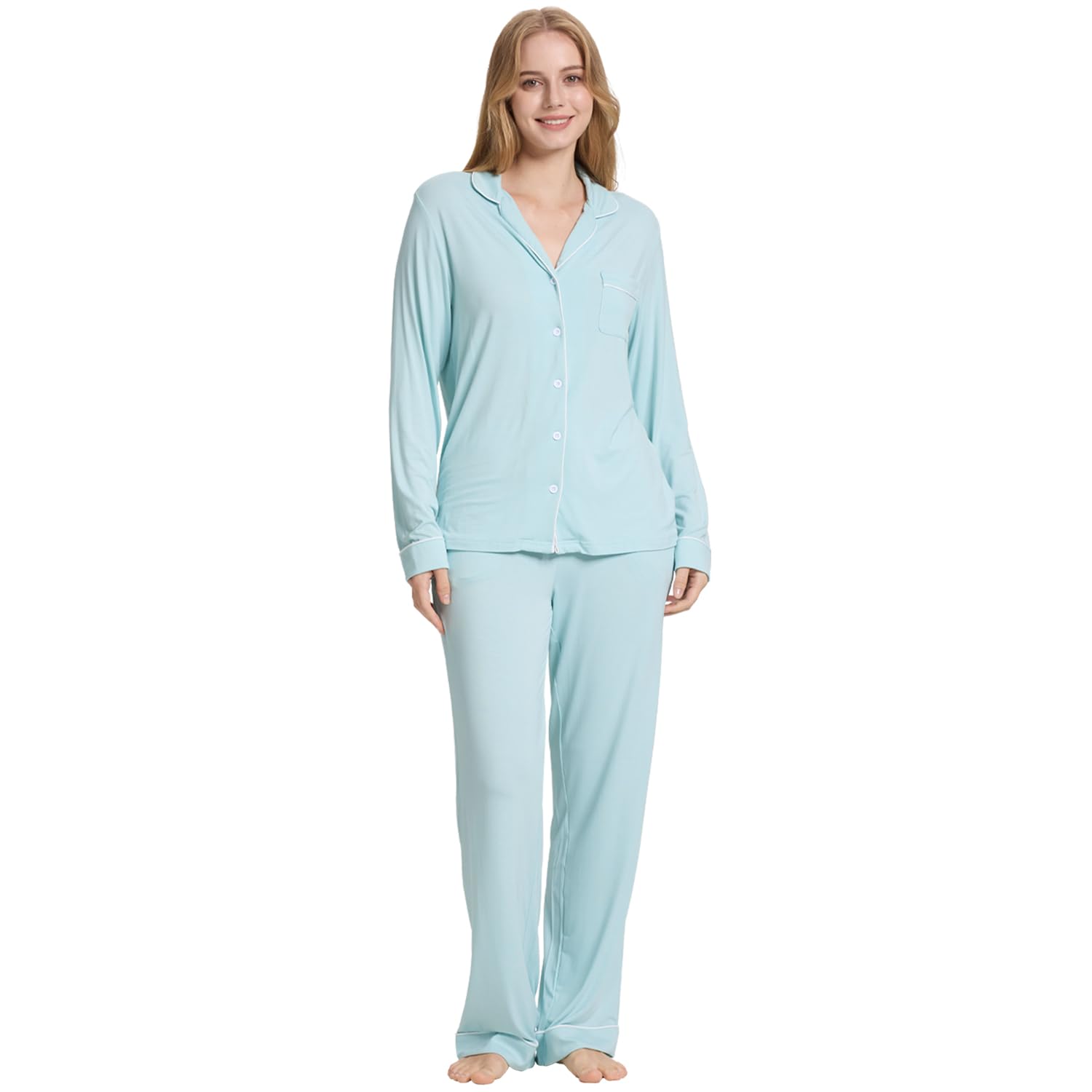 TOSMO Women Pajama Sets Viscose from Bamboo Long Sleeve Sleepwear Super-Soft Comfy Button Down Lounge Sleep Cooling Pjs