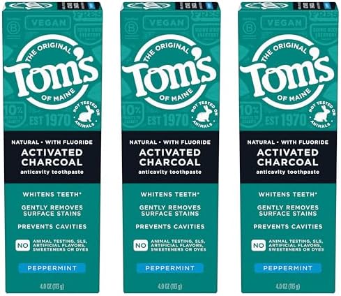 Tom’s of Maine Natural Activated Charcoal Toothpaste with Fluoride, Peppermint, 4.0 Oz (Pack of 3)