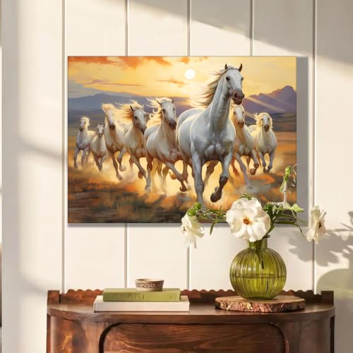 Image of PAINTINGMANTRA 7 White Running Horses Stretched Canvas Painting For Living Room, Vastu Abstract Stretched Canvas Wall Art Painting for Office & Home Decor, 16x22 Inch