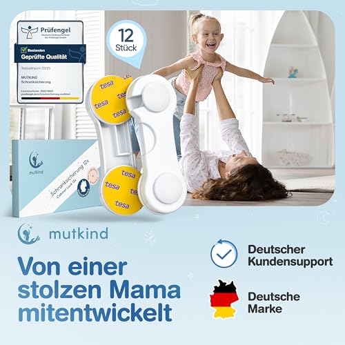MUTKIND® 12 Stück Kindersicherung Schrank (Mit Kleber von TESA) - Extra Starker Halt - Schranksicherung Baby - Schubladensicherung für Schränke, Kühlschrank, Türen - Kindersicherung Schubladen Weiß