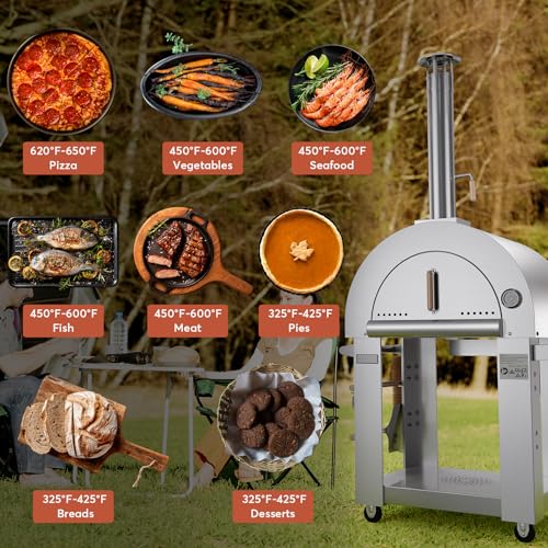 Image of Empava Woodfire Pizza Oven Outdoor with Side Shelf and Wheels, Artisan Grill for Backyard, Patio, Camping, in Stainless Steel, 46 Inch