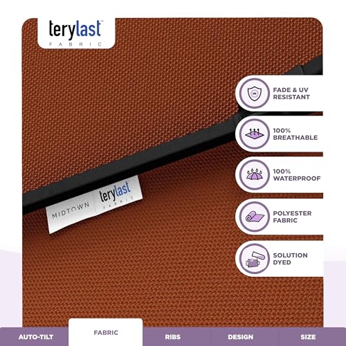 Image of Midtown Umbrellas - 10-Year-No-Fade 9 Ft Patio Umbrella with Terylast Fabric, Auto-Tilt Aluminum Frame and 8 Reinforced Ribs for Deck, Pool, Garden & Beach - Dark Orange Canopy, Black Pole