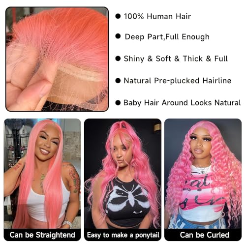 Image of Pink Human Hair Wig Body Wave 20 Inch Light Human Hair Wig 200% Density Wig | 13x4 UHD Lace Front Human Hair Wigs Pre Plucked Pre Cut Pink Wigs 100% Virgin Human Hair Glueless Body Wave Wigs For Women
