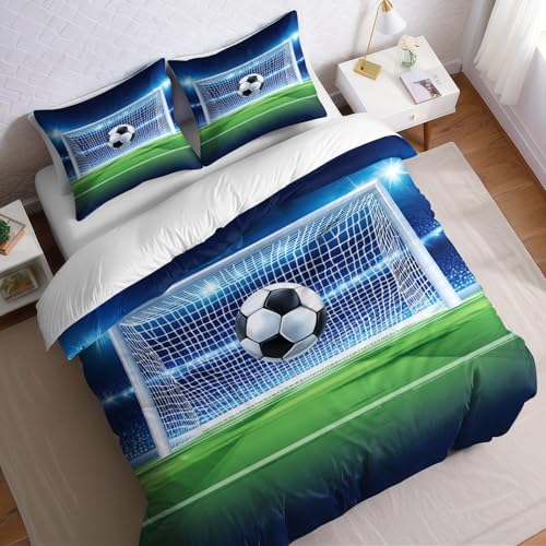 Juego de Ropa de Cama 3 Piezas Cama 135 Verde Funda nórdica 220x220 cm Red de portería de fútbol Suave y Transpirable, Incluye 2 Fundas de Almohada 50x75 cm