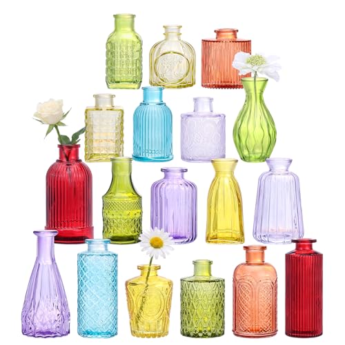 18 Pack Colorful Glass Bud Vase Set Small Colored Vintage Vases for Centerpieces Decorative Flower Vases for Wedding Home Table Decor